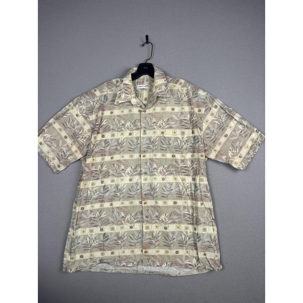 Vtg Pierre Cardin Shirt Mens Large Beige Floral Hawaiian Short Sleeve Button Up